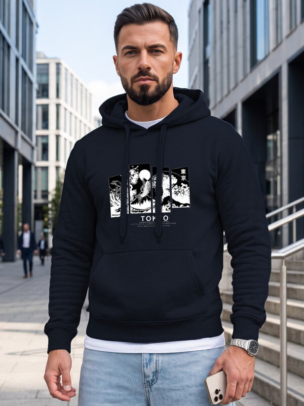 Pánska mikina s nápisom TOKYO a kapucňou Dstreet tmavomodrá NX5146BX