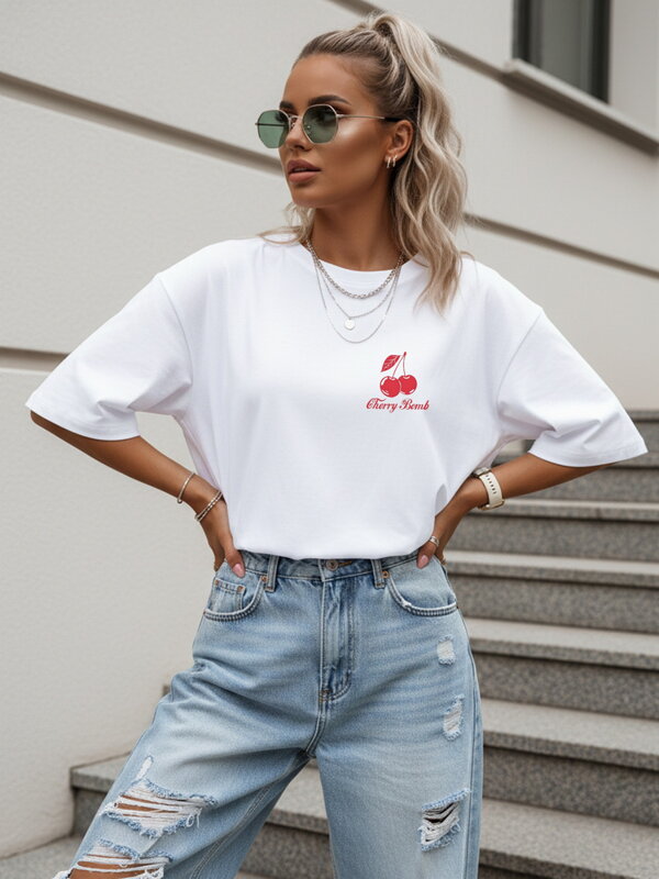 Dámske bavlnené oversize tričko Cherry Bomb biele – Dstreet NX9507RY