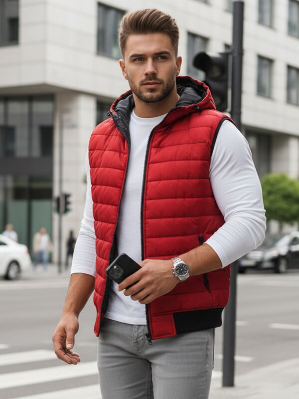 Červená prešívaná vesta s kapucňou