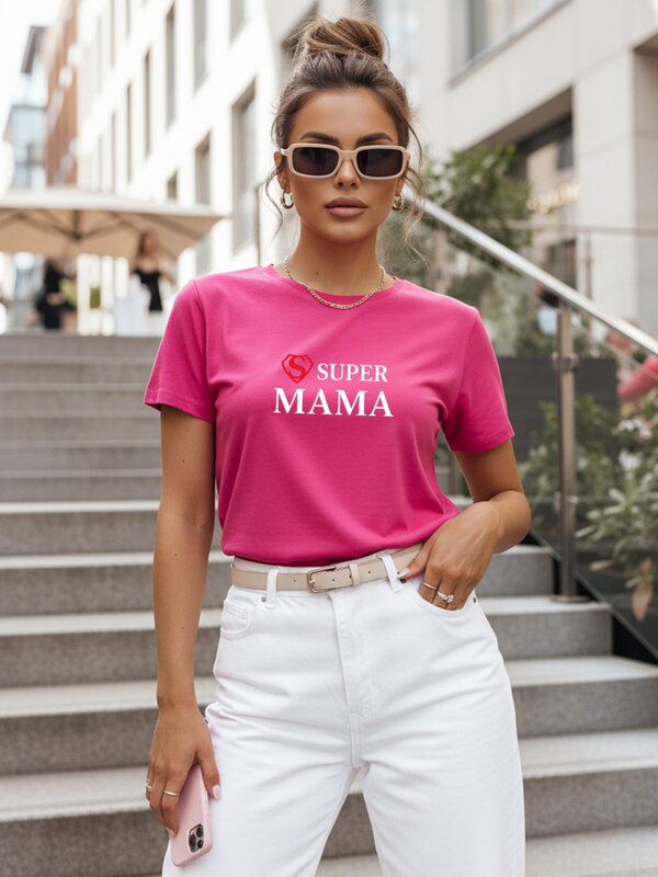 Koszulka damska z nadrukiem Super Mama różowa Dstreet NX5025RY