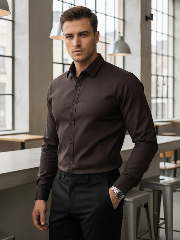 Pánska košeľa slim fit DX2682 – elegantná tmavohnedá košeľa