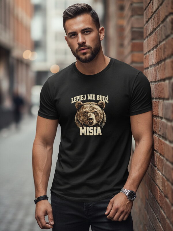 T-shirt męski z nadrukiem LEPIEJ NIE BUDŹ MISIA czarny Dstreet NX0097R