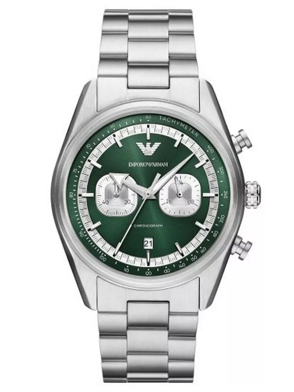 Pánske hodinky Emporio Armani AR11637 Racer – strieborný chronograf so zeleným ciferníkom