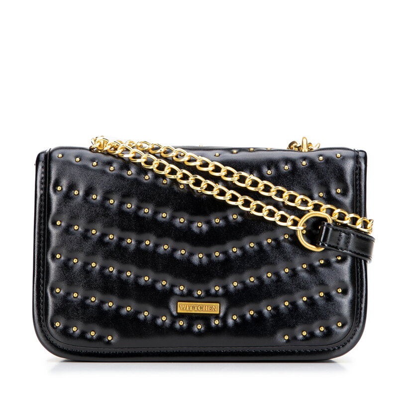 Čierno-zlatá crossbody kabelka z imitácie kože s retiazkou a ozdobnými cvokmi 101-4Y-428-1G