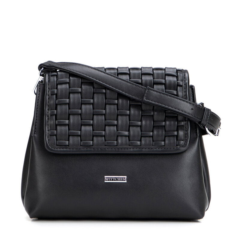 Čierna dvojkomorová crossbody kabelka s pleteným detailom a klopou 94-4Y-608-1