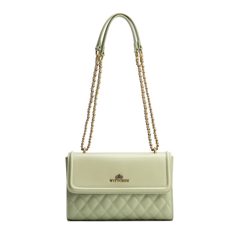 Dámska kabelka cez rameno z pravej kože so zeleným prešívaním 100-4E-205-Z