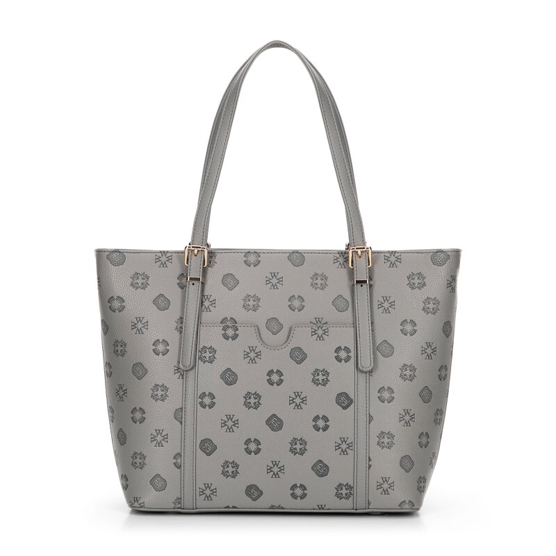 Dámska nákupná kabelka z imitácie kože s reliéfnym podpisom, sivá 101-4Y-P05-8