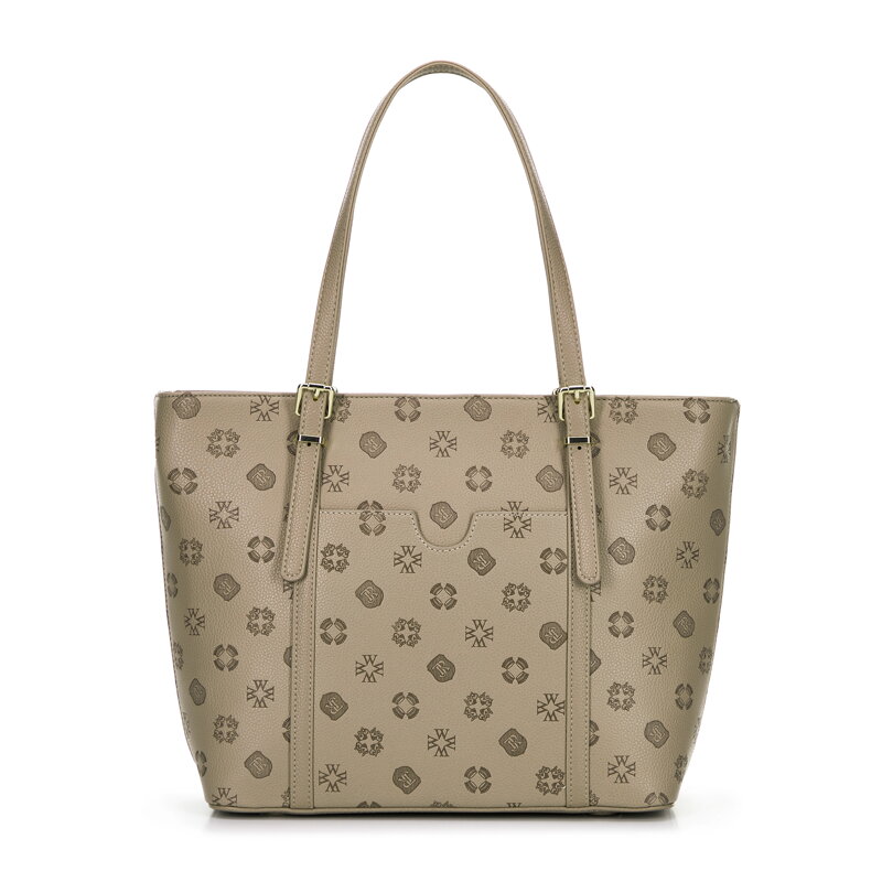 Dámska nákupná kabelka z imitácie kože s reliéfnym podpisom, béžová 101-4Y-P05-9