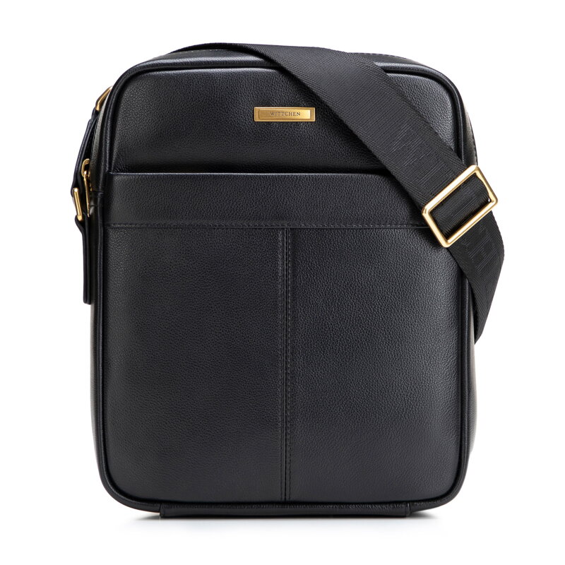 Pánska kožená crossbody taška s dekoratívnym prešívaním čierno-zlatá 102-4U-605-1G