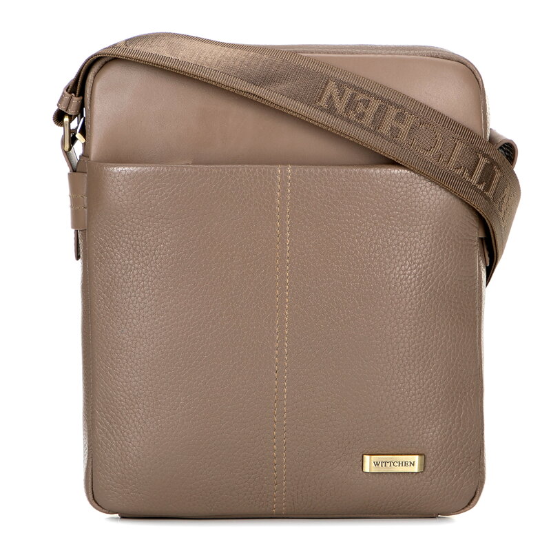Pánska kožená crossbody taška s prešívaním taupe 100-4U-803-9