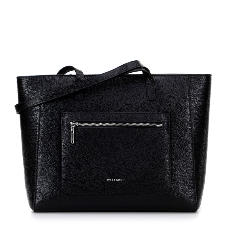 Kožená taška shopper s vreckami na prednej strane čierna so strieborným logom 100-4E-620-1S