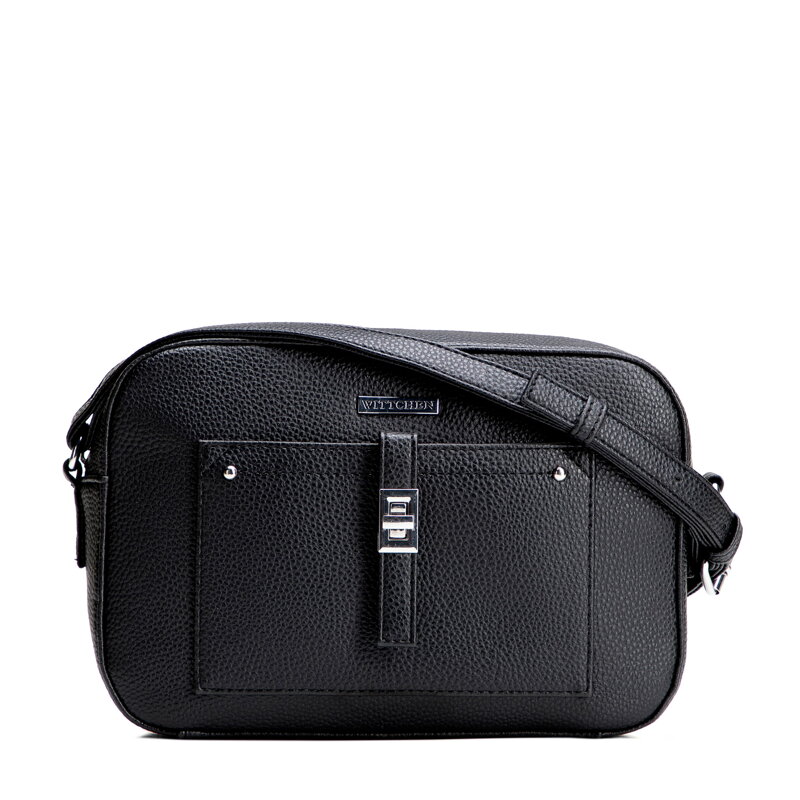 Dámska crossbody kabelka z ekokože s predným vreckom čierno-strieborná 29-4Y-001-B1