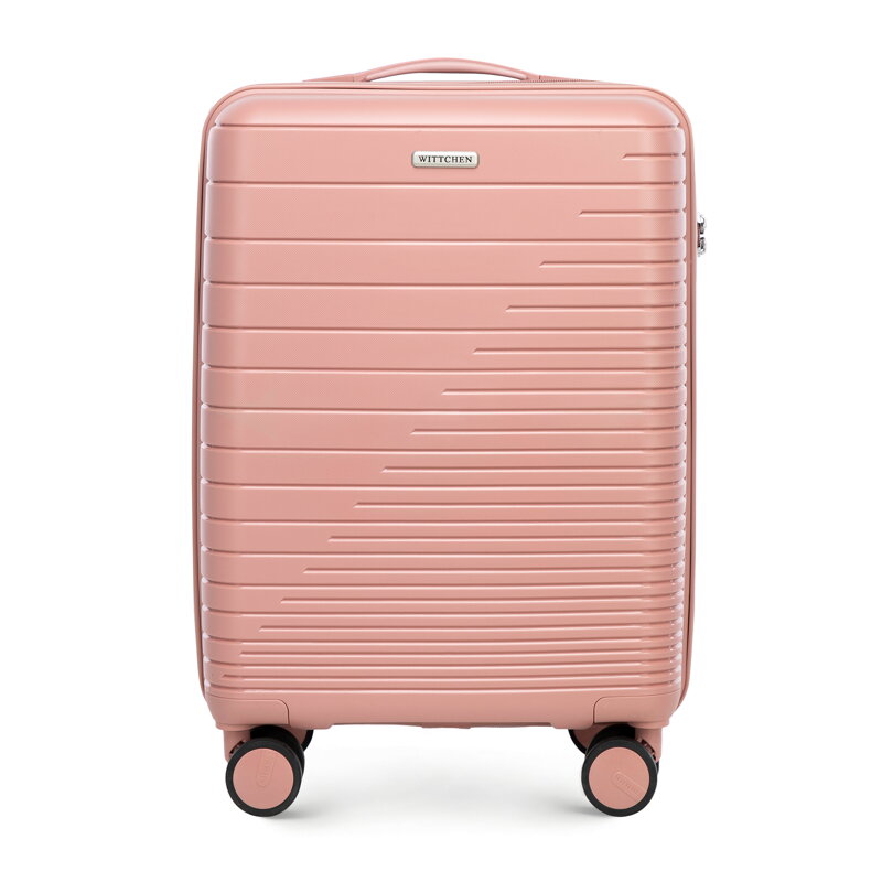 Kabínový kufor vyrobený z polypropylénu s lesklými pruhmi, ružový 56-3T-161-34