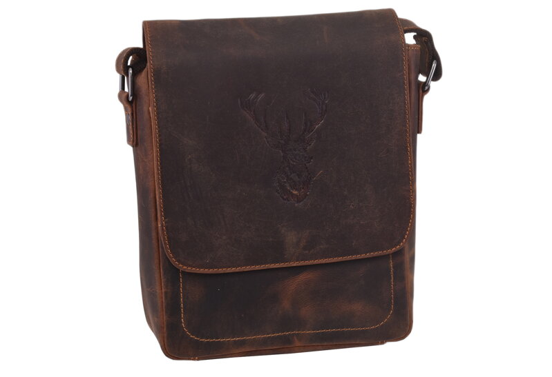 Pánske kožené crossbody tmavohnedý hunter embos jeleň hlava 250909